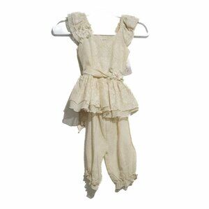 PJ Lindberg Girls White Pajama Set Lace Cap Sleeve Square Neck Solid Size 4